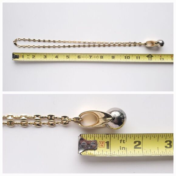 14K Gold Plated Necklace 23" 5mm Puffed Mariner 2 Tone Teardrop Ball Pendant - Picture 9 of 10